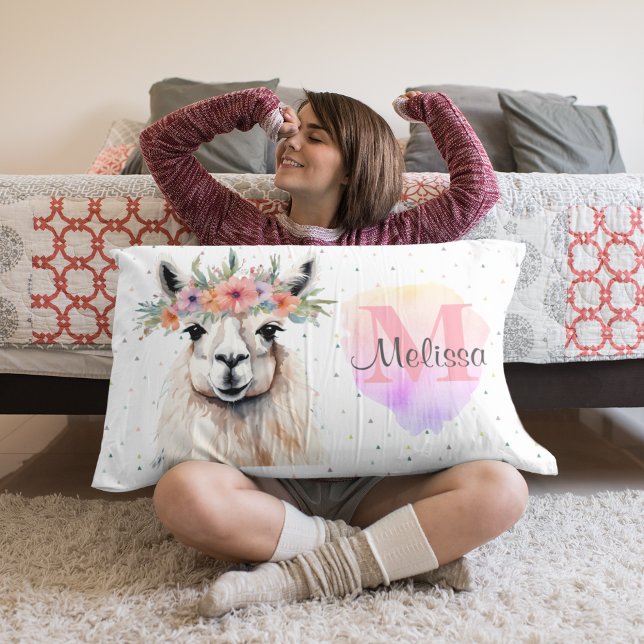 Hübsches Lama Niedliche Wildblume bei Tieren Rosa  Kissenbezug (Cute Kid's bedroom Llama Farm Animal Alpaca Wildflower Monogram sweet pink.)