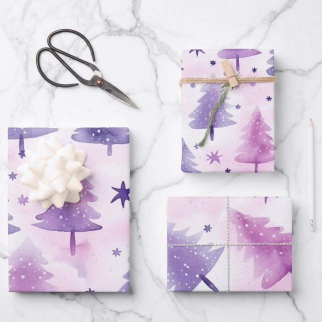 Hübsches Lila Baummuster Geschenkpapier Set (Vorderseite)