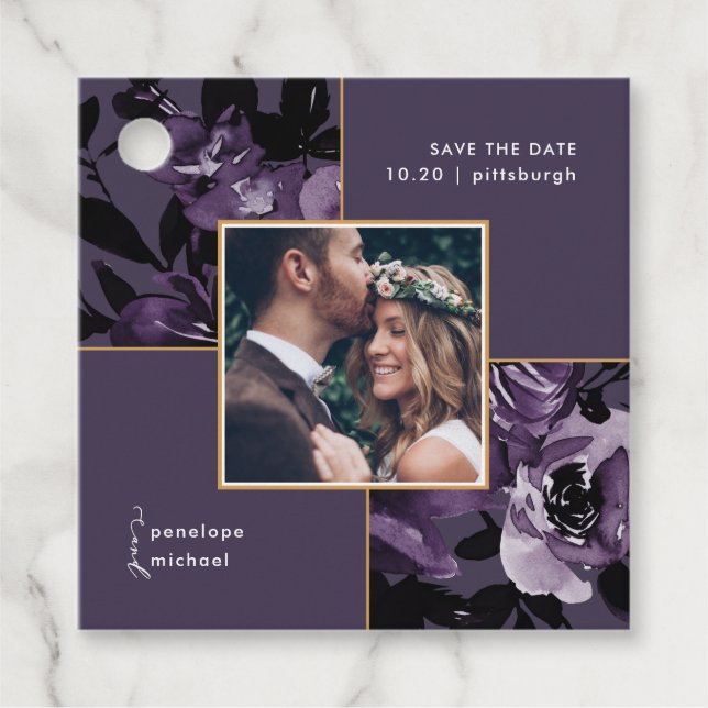 Hübsches Lila florales Foto Save the Date Geschenkanhänger (Vorderseite)