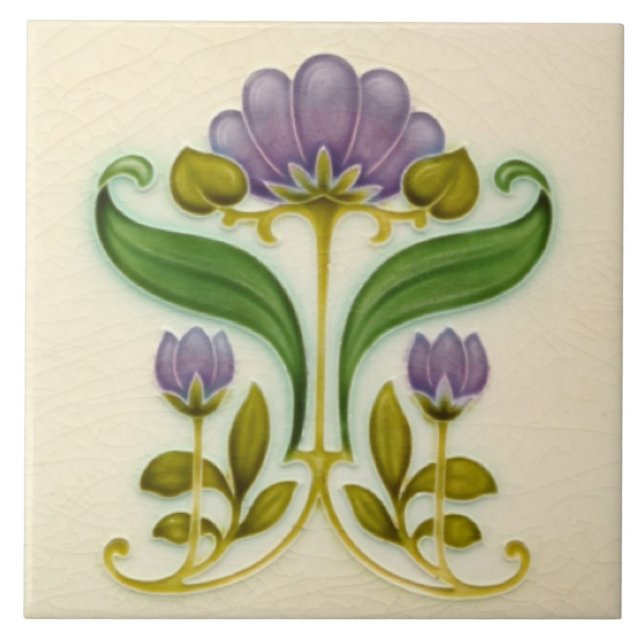 Hübsches Lila Jugendstil Floral c1900 Tile Design Fliese (Vorderseite)