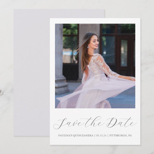 Hübsches Lila Quinceanera Einfaches kalligrafische Save The Date (Vorne/Hinten)