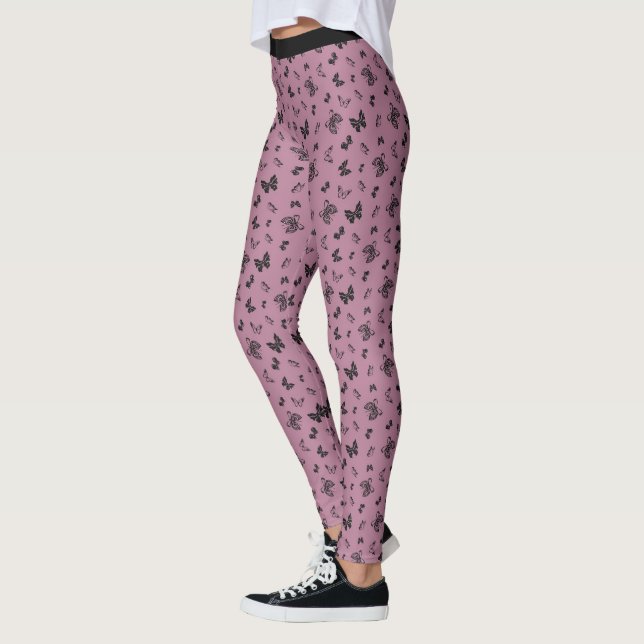 Hübsches Lila Schwarz-Schmetterling-Designmuster Leggings (Links)