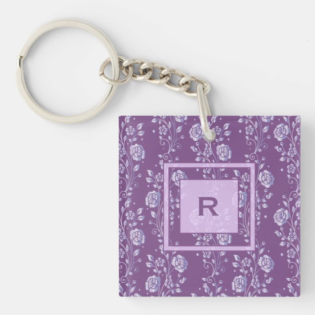 Hübsches Lila und Hübsches Lilac Floral Monogramm Schlüsselanhänger (Vorderseite)