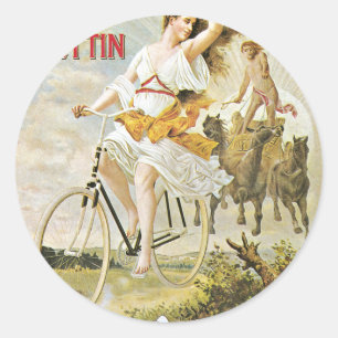 Hübsches Mädchen, das Vintages Fahrrad fährt Runder Aufkleber