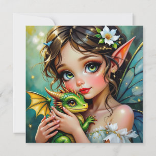 Hübsches Mädchen mit Feen- und Drachen-Motiv Karte