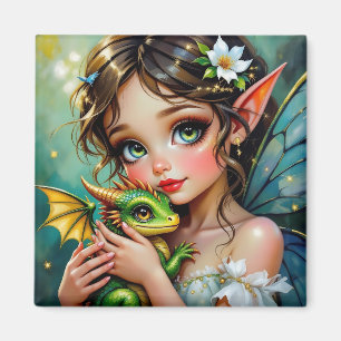 Hübsches Mädchen mit Feen- und Drachen-Motiv  Magnet