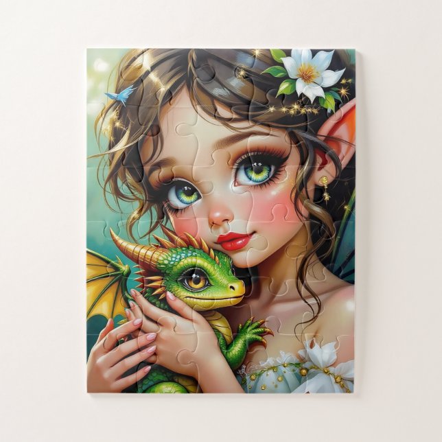 Hübsches Mädchen mit Feen- und Drachen-Motiv  Puzzle (Vertikal)