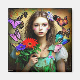Hübsches Mädchen mit roten Blume und Schmetterling Magnet