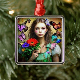 Hübsches Mädchen mit roten Blume und Schmetterling Ornament Aus Metall