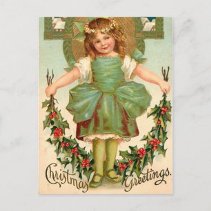 Hübsches Mädchen mit Stechpalme - Vintage Weihnach Feiertagspostkarte