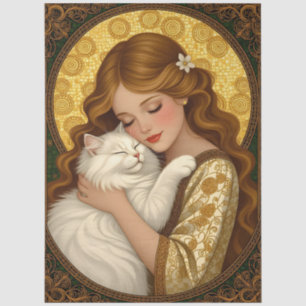 Hübsches Mädchen umarmt Katze im Jugendstil-Decoup Seidenpapier