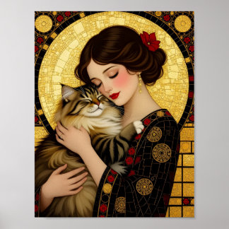 Hübsches Mädchen und süße Katze Art Nouveau Gustav Poster