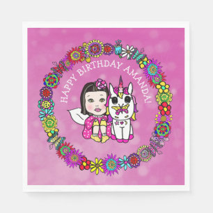 Hübsches Magenta-Einhorn und Feen-Personalized Serviette