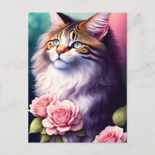 Hübsches Maine Coon & Blume Portrait Postkarte