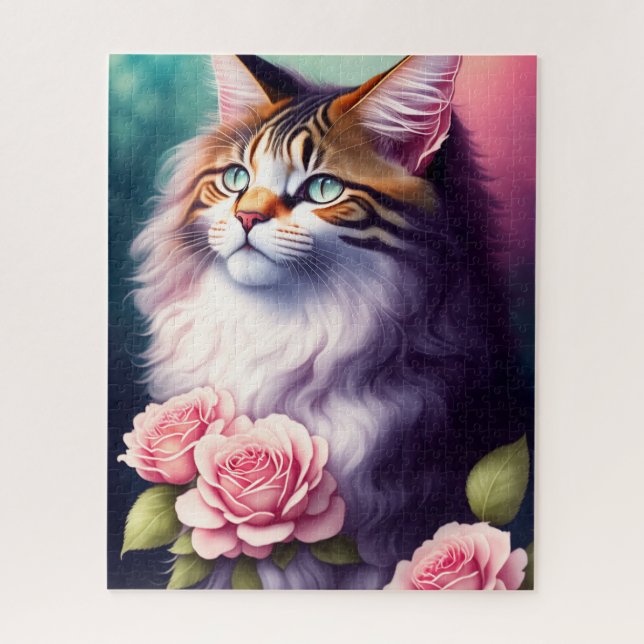Hübsches Maine Coon & Blume Portrait Puzzle (Vertikal)