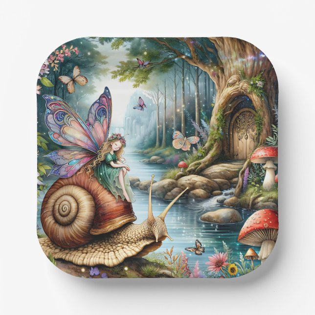 Hübsches Märchenland mit niedlicher Schnecke und S Pappteller (Vorderseite)