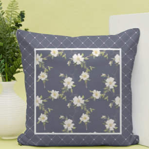 Hübsches marineblaues und weißes Blumenpanel Kissen