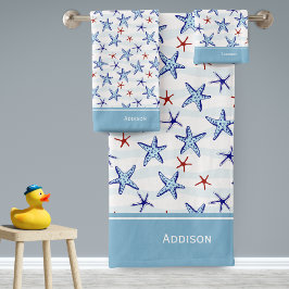 Hübsches Meeresfrüchtemuster mit dem Namen Blau Badhandtuch Set