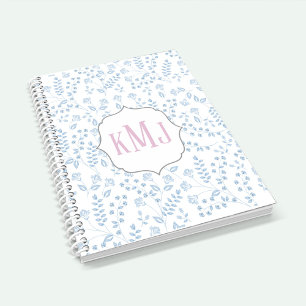Hübsches Monogramm Elegant Simple Blue Floral Notizbuch