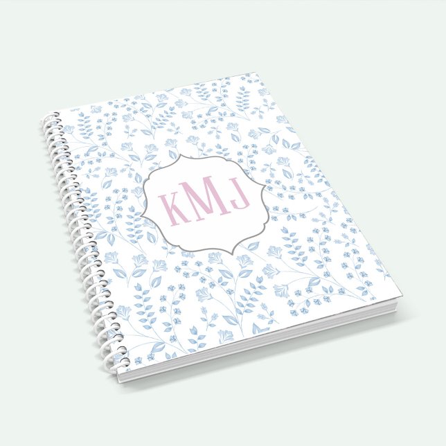 Hübsches Monogramm Elegant Simple Blue Floral Notizbuch (Von Creator hochgeladen)