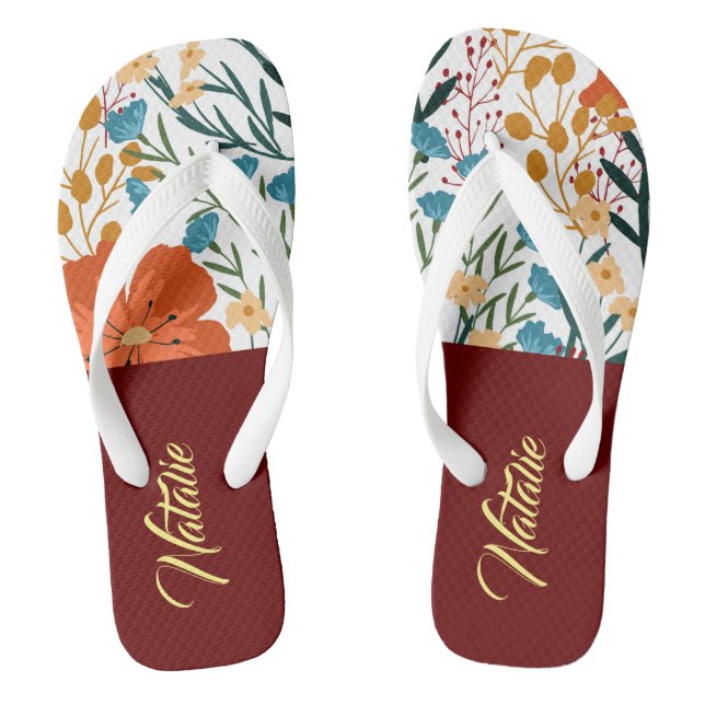 Hübsches Monogramm l Aquarell floral l Burgund Flip Flops (Fußbett)