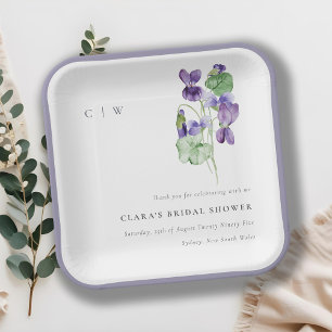 Hübsches Monogramm Violett Blumenkohl-Brautparty Pappteller