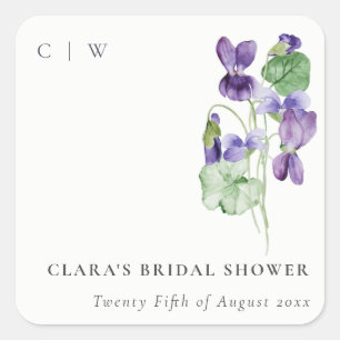 Hübsches Monogramm Violett Blumenkohl-Brautparty Quadratischer Aufkleber