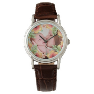 Hübsches Orange Floral Custom Foto Armbanduhr