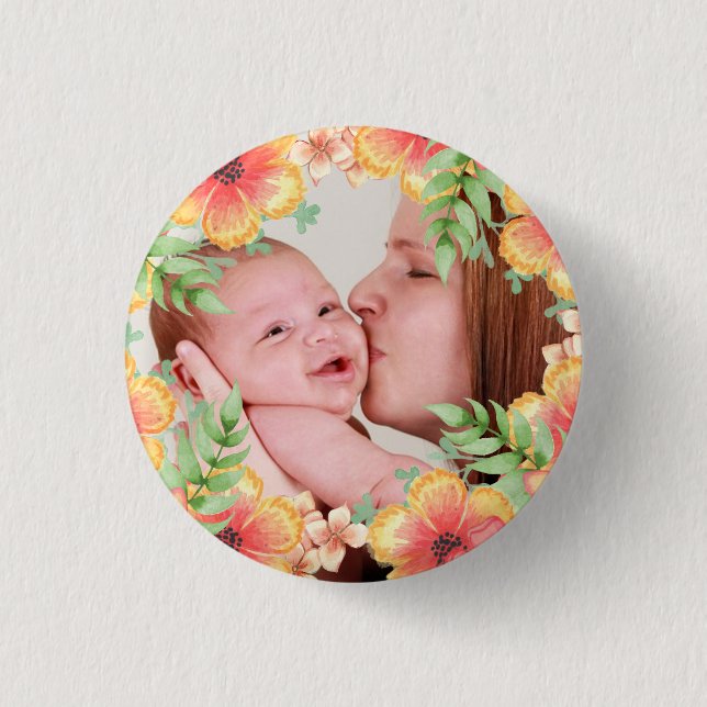 Hübsches Orange Floral Custom Foto Button (Vorderseite)