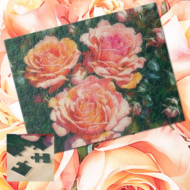 Hübsches Orange Peach Rose Garden Puzzle (Pretty peachy pink rose garden jigsaw puzzle.)