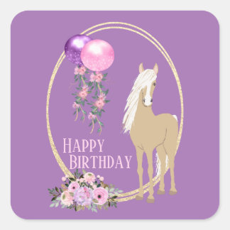 Hübsches Palomino Rosa Lila Blumen Pferd Geburtsta Quadratischer Aufkleber