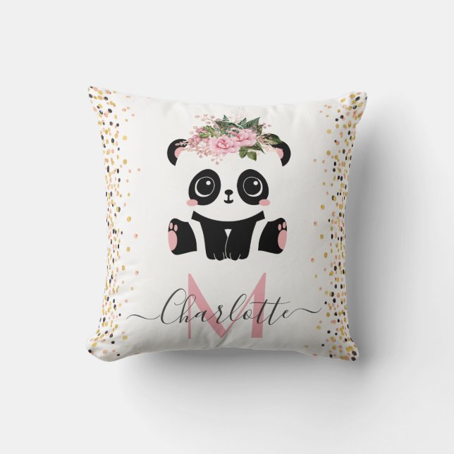 Hübsches Panda floral Monogramm personalisierter W Kissen (Vorderseite)
