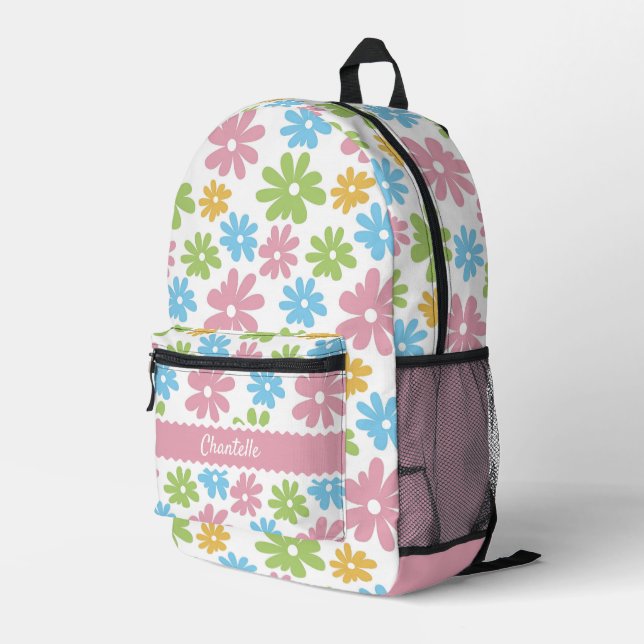 Hübsches Pastellblau Rosa Grünes Blumenmuster Bedruckter Rucksack (Rückseitige Ecke Rechts)