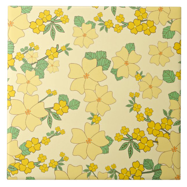 Hübsches pastellgelbes Blumenmuster, Fliese (Vorderseite)