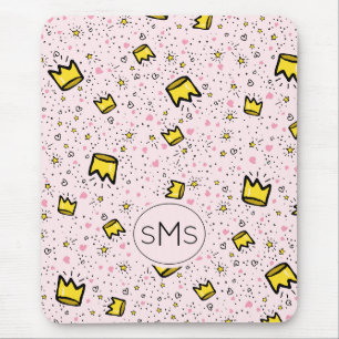 Hübsches Pastellrosa-Kronen-Doodle-Muster-Monogram Mousepad