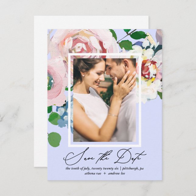 Hübsches Periwinkle Foto Save the Date Einladungspostkarte (Vorne/Hinten)