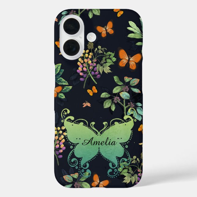 Hübsches Personalisiertes dunkles Floral Butterfly Case-Mate iPhone Hülle (Rückseite)