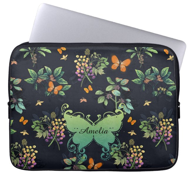 Hübsches Personalisiertes dunkles Floral Butterfly Laptopschutzhülle (Vorderseite)