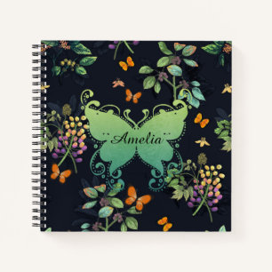 Hübsches Personalisiertes dunkles Floral Butterfly Notizbuch