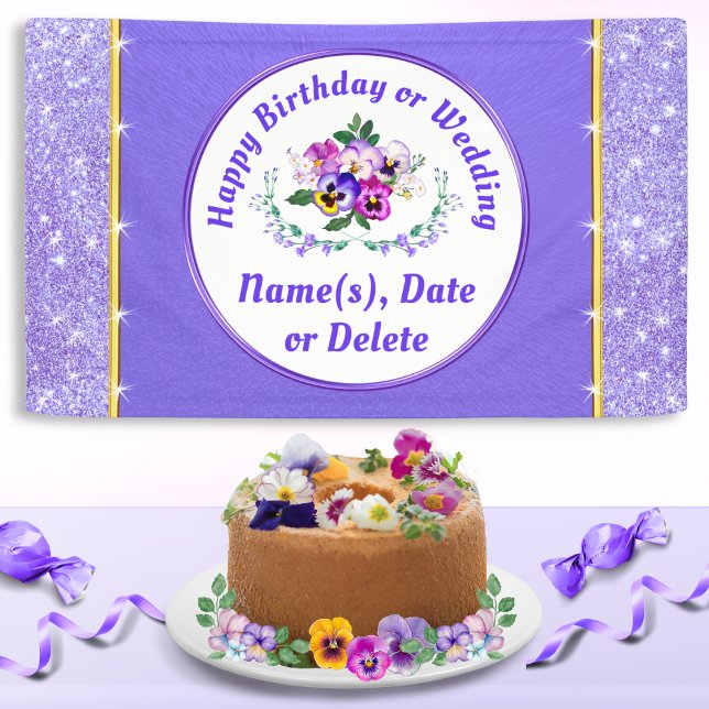 Hübsches Personalisiertes, florales Happy Birthday Banner (Pansy Birthday, Banner. Pansies Wedding or any Pansy Birthday Decorations. Purple Birthday Banner.)