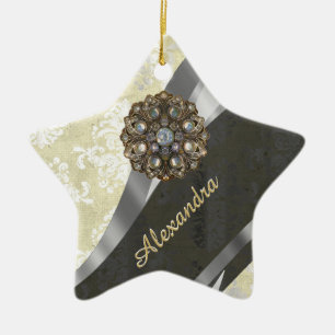 Hübsches personalisiertes girly Sahnedamastmuster Keramikornament