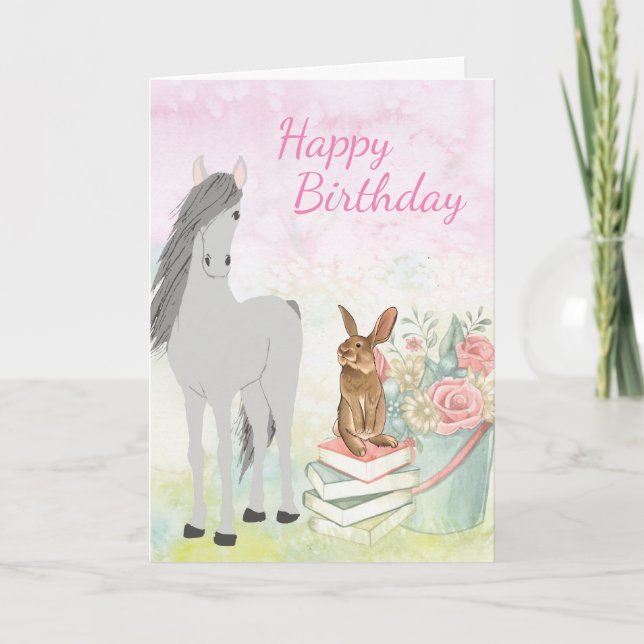Hübsches Pferd, Bunny, Blume und Bücher Geburtstag Karte (Vorderseite)