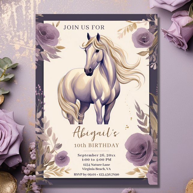 Hübsches Pferd und Blume Lila und Gold zum Geburts Einladung (Front - Pretty Horse and Flowers Purple and Gold Birthday Invitation)