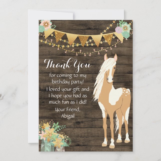 Hübsches Pferd und Blume Rustikales Holz Dankeskarte (Vorderseite)