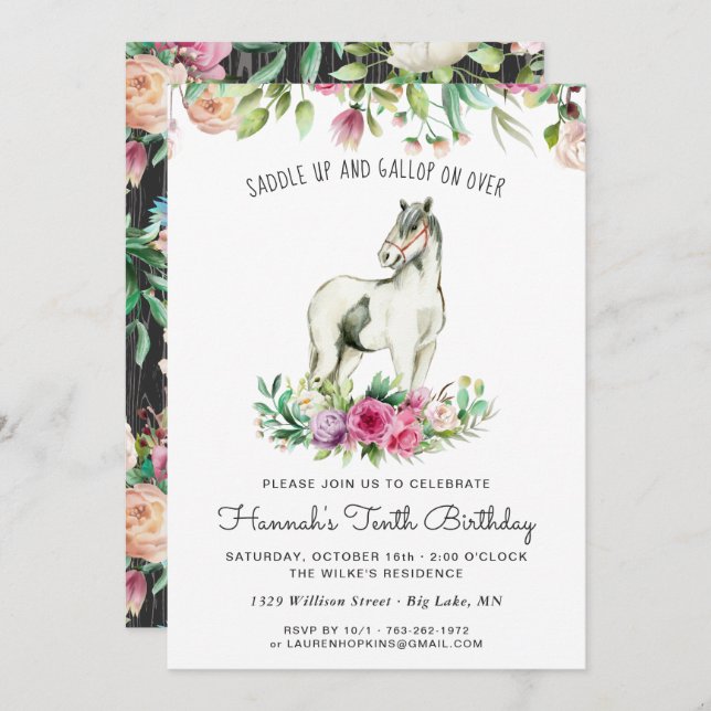 Hübsches Pferd und Blume | Rustikales Holz zum Geb Einladung (Vorne/Hinten)