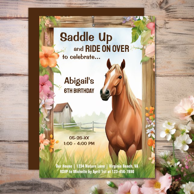Hübsches Pferd und Blume zum Geburtstag satteln Einladung (Saddle Up Pretty Horse and Flowers Birthday Invitation)