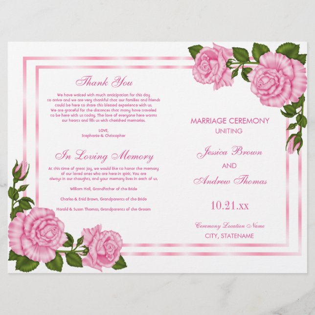 Hübsches Pink Corner Bouquets Hochzeitsprogramm (Vorderseite)