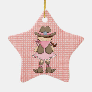 Hübsches Pink Cowgirl (braune Haare) & Sheriffs Ab Keramik Ornament