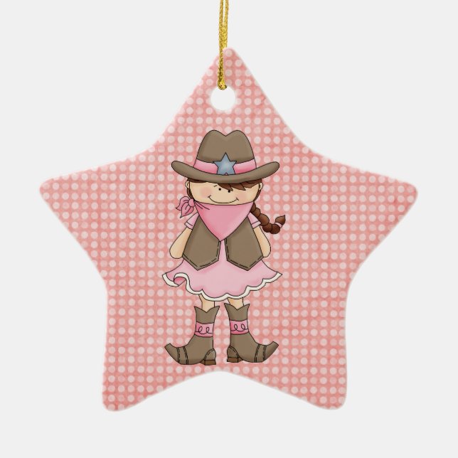 Hübsches Pink Cowgirl (braune Haare) & Sheriffs Ab Keramik Ornament (Vorne)