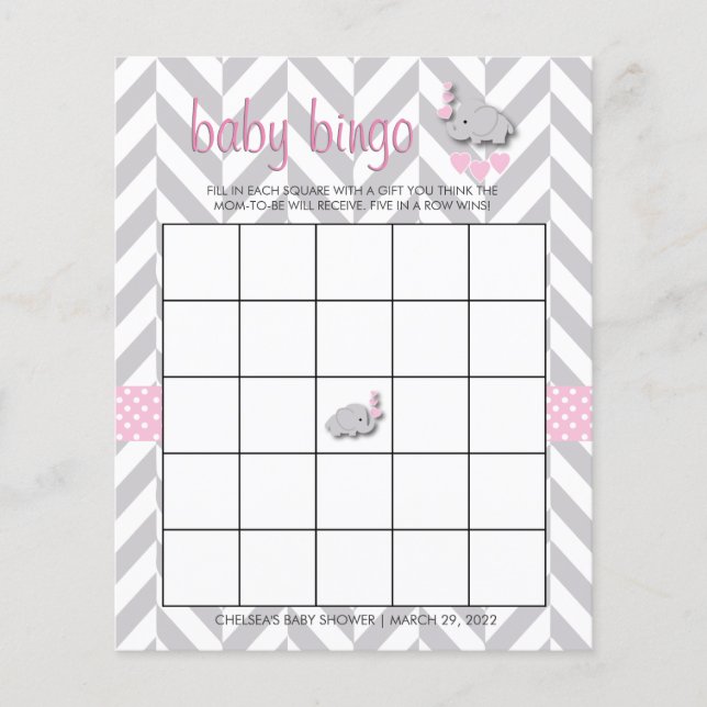 Hübsches Pink und Grau Elephant Baby Shower Bingo (Vorderseite)
